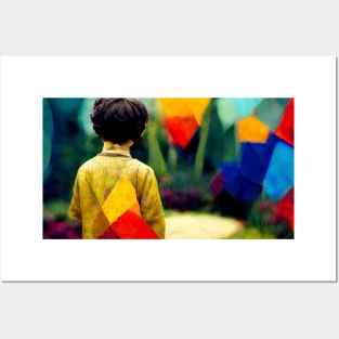 A Boy Holds a Toy in a Colorful Abstract Garden Posters and Art